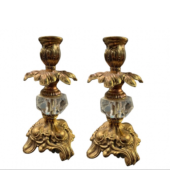Vintage 60s Pair of Hollywood Glam Beautiful Solid Brass and Glass Candlesticks